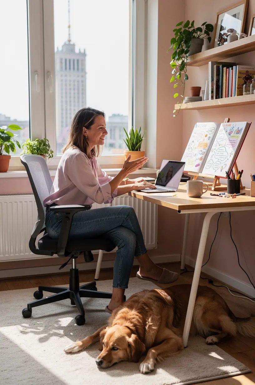 Pracownik korzystający z laptopa w domu, z widocznym miejscem do relaksu obok, podkreślający pracę zdalną i zarządzanie czasem.